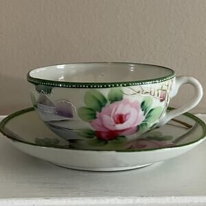 Vintage Japanese Hand Painted Teacup & Saucer Floral, Landscape, House Design